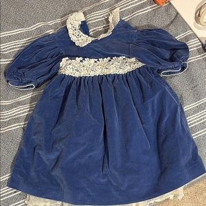 Elegant Blue Velvet Dress with Lace and Ribbon